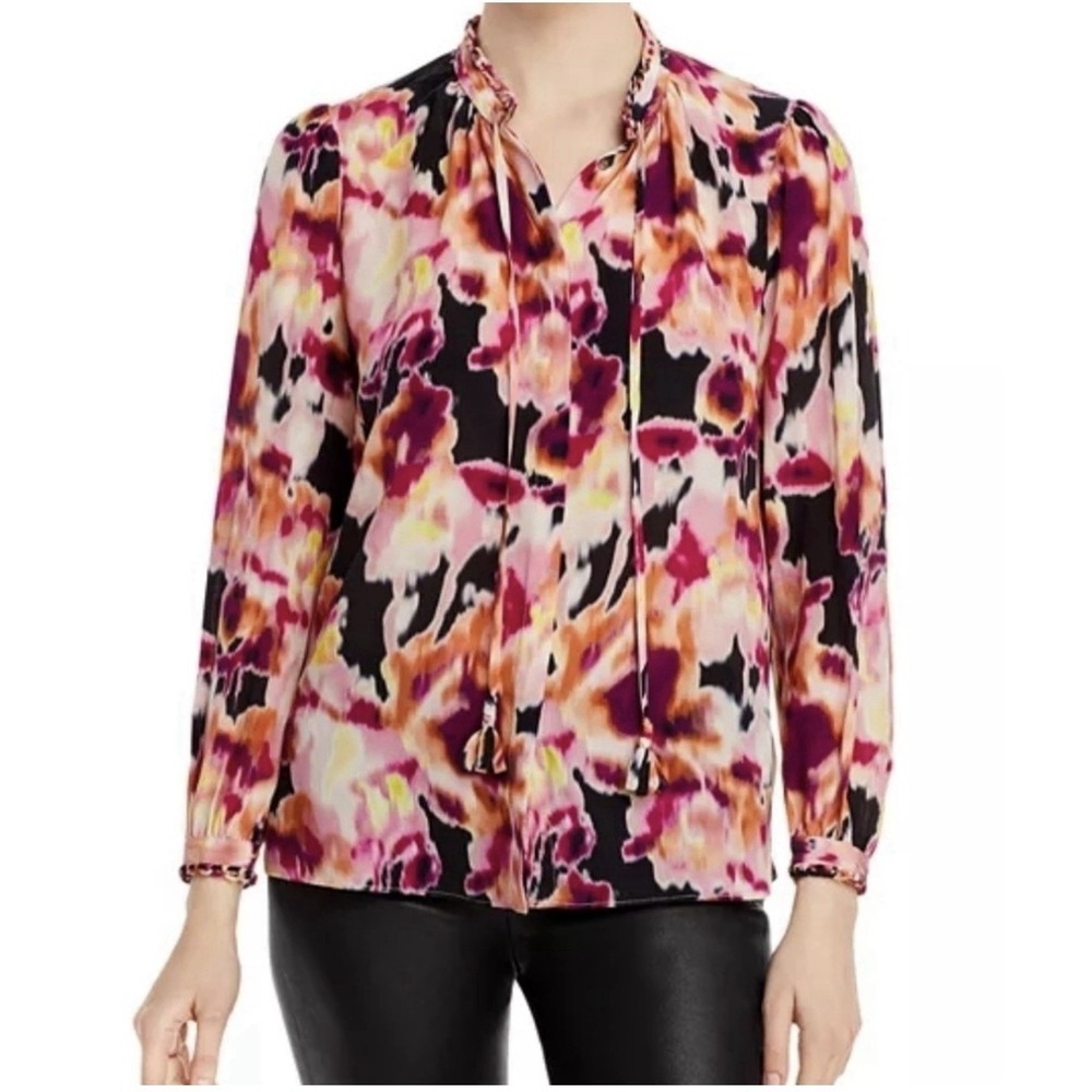 KOBI HALPERIN Mabel Silk Blouse XL Pink Black Floral‎ Luxury Coquette Regal Top